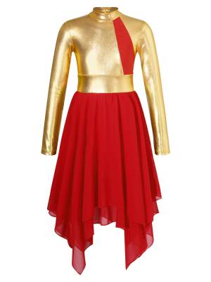 Kids Girls Long Sleeve Metallic Colorblock Asymmetrical Worship Dance Dress front image