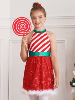 Kids Girls Christmas Halter Neck Sleeveless Sequins Stripe Feather Trim Dress front image