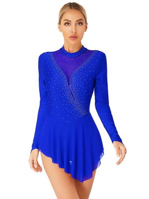 Women Glittery Rhinestone Long Sleeve Ice Skating Dresses