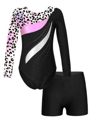 Kids Girls 2pcs Long Sleeve Rhinestones Leotard with Shorts Gymnastics Set
