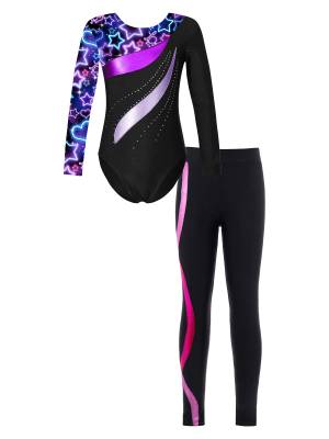 Kids Girls 2pcs Long Sleeve Rhinestones Leotard and Pants Skating Outfits front image