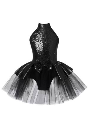 Kids Girls Sleeveless Sequins Bowknot Ballet Dance Tutu Dress front image