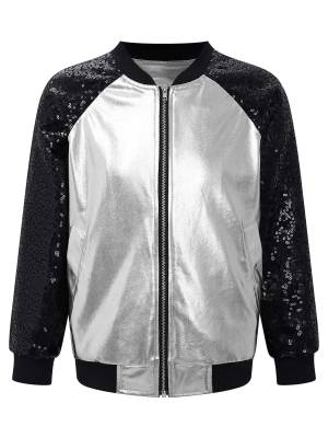 Kids Girls Sequins Long Sleeve Front Zipper Jacket Coat