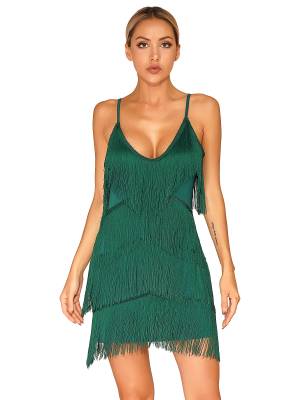 Women Deep V Neck Tiered Tassel Latin Dance Dresses