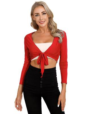 Women Yoga Ballet Dance Solid Self-Tie Long Sleeve Cropped Cardigan front image