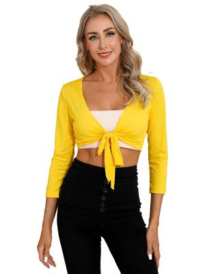 Women Yoga Ballet Dance Solid Self-Tie Long Sleeve Cropped Cardigan front image