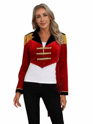Women Color Block Circus Ringmaster Lapel Long Sleeve Velvet Tailcoat front image