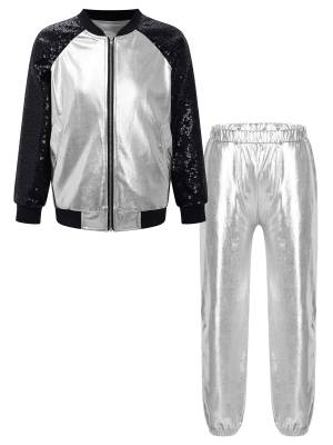 Kids Girls Sequin Long Sleeve Zipper Front Jacket and Metallic Pants Dance Set front image