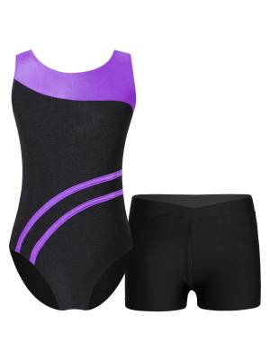Kids Girls 2pcs Sleeveless Leotard with Shorts Gymnastics Set