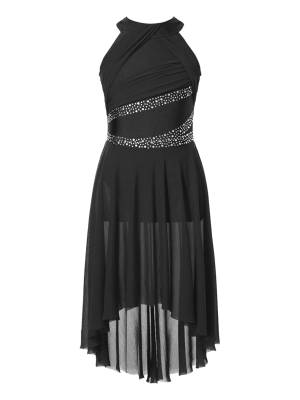 Kids Girls Sleeveless Ruched High Low Lyrical Dance Leotard Dress
