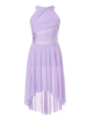 Kids Girls Sleeveless Ruched High Low Lyrical Dance Leotard Dress front image