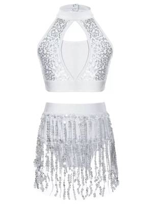 Kids Girls 2pcs Sequin and Tassel Jazz Dance Cop Top and Shorts Set