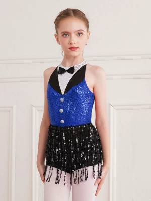Kids Girls Sleeveless Sequin Tassel One-Piece Jazz Dance Leotard front image