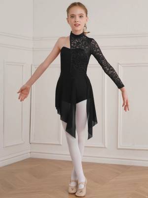 Kids Girls Floral Lace One Shoulder Lyrical Dance Dress