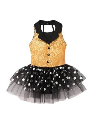 Kids Girls Sleeveless Sequin Polka Dots Ballet Dance Tutu Dress