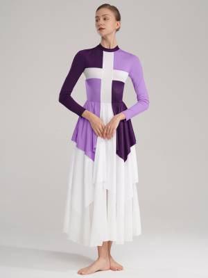 Women Long Sleeves Color Block Liturgical Praise Dance Dress front image