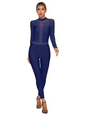 Women Long Sleeve Glittery Rhinestone Hollow Back Gymnastics Unitard
