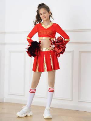 Kids Girls 2pcs Color Block Cheerleading Dance Outfit Crop Top with Skirt front image