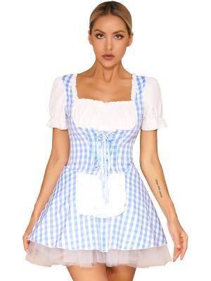 Women Halloween Miss Muffet Lace-Up Ruffle Apron Plaid Maid Dress