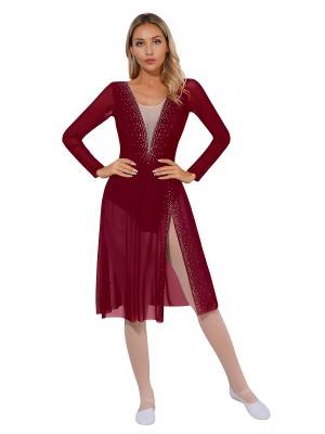 Women Shiny Rhinestones Long Sleeve Side Slit Lyrical Dance Dress front image