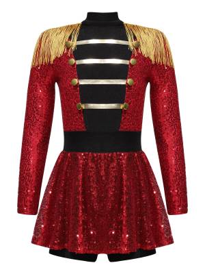 Kids Girls Long Sleeve Sequins Tassel Ringmaster Circus Leotard Dress front image