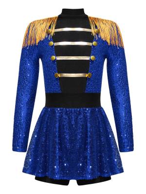 Kids Girls Long Sleeve Sequins Tassel Ringmaster Circus Leotard Dress