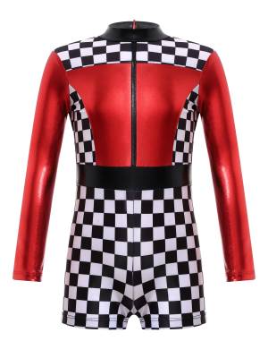 Girls Long Sleeve Checkerboard Print Race Car Racer Costume Jumpsuit front image
