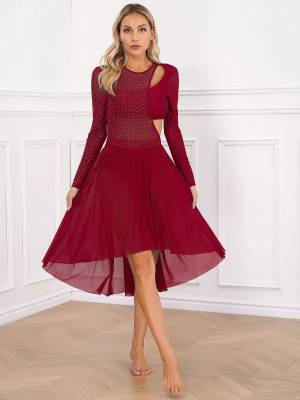 Women Long Sleeve Shiny Rhinestone Asymmetrical Lyrical Dance Dress