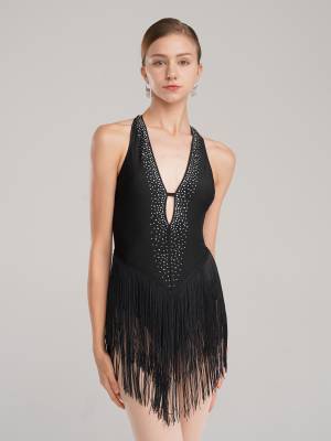 Women Deep V Neck Backless Rhinestone Tassel Latin Dance Leotard front image