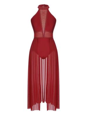 Women Sleeveless Shiny Rhinestone Mesh Lyrical Dance Leotard Dress front image