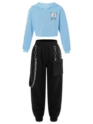 Kids Girls 2pcs Butterfly Printed Cropped Hoodies and Sweatpants Sets front image