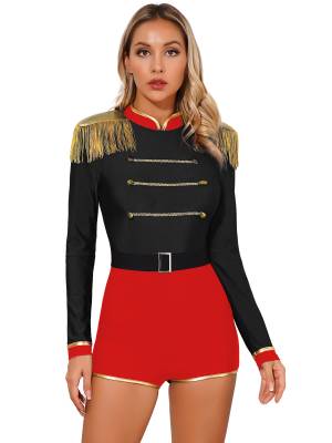 Women Halloween Long Sleeve Fringe Circus Ringmaster Jumpsuit