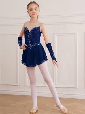 Kids Girls Rhinestone Figure Skating Dress with Gloves