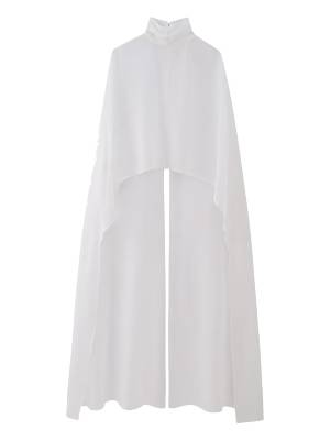 Women Solid Chiffon Cape Ruched High Neck Back Slit Bolero