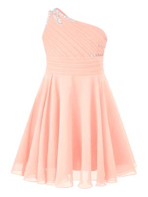 Kids Girls Glitter Beaded Dress One Shoulder A-Line Flower Girl Dress