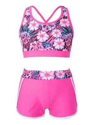 Kids Girls Two Pieces U Neck Crop Top with Boyshorts Swimming Set