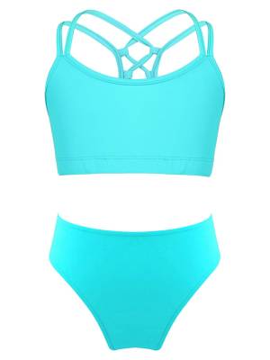 Kids Girls Two Pieces Sleeveless Strappy Tankini Swimsuit Sets front image