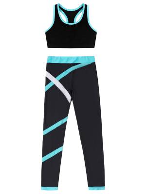 Kids Girls 2pcs Sleeveless Crop Top with Colorblock Leggings Sport Set front image