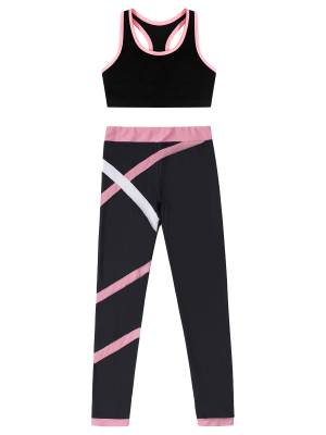 Kids Girls 2pcs Sleeveless Crop Top with Colorblock Leggings Sport Set front image