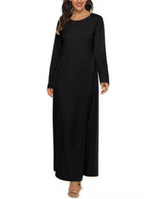 Women Solid Islamic Arabian Dress Long Sleeve Robes Loose Maxi Dress