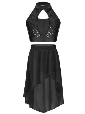 Kids Girls Two-Piece Dance Performance Outfits Hollow Front Keyhole Back Sequin front image