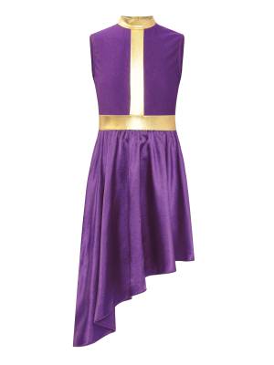Kids Girls Sleeveless Satin Flowy Asymmetrical Praise Dance Dress
