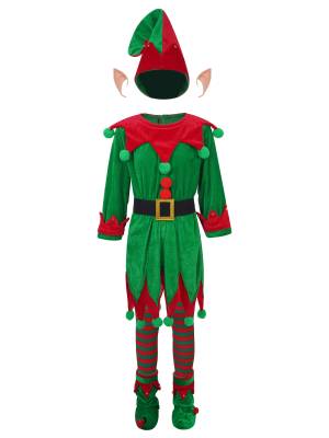 Kids 6pcs Christmas Elf Costume Long Sleeve Pompoms Asymmetrical Dress Set front image