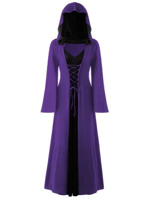 Women Lace-up V Neck Long Sleeve Hooded Dress Halloween Witch Costume front image