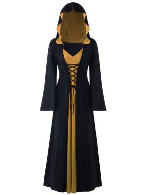 Women Lace-up V Neck Long Sleeve Hooded Dress Halloween Witch Costume front image
