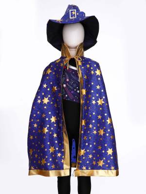 Kids Metallic Star Lace-Up Halloween Wizard Cloak with Hat