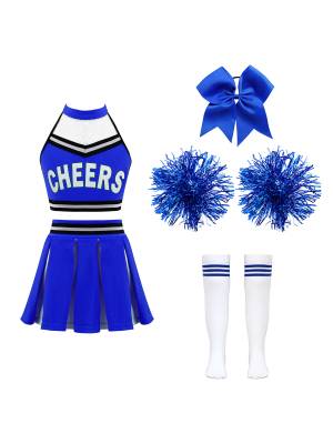 Kids Girls Halter Neck Letter Print Crop Top and Pleated Skirt Cheerleading Set front image