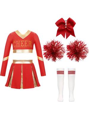 Kids Girls Long Sleeve Crop Top with Pleated Skirt Cheerleading Sets