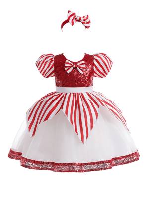 Kids Girls Christmas Puff Sleeve Sequins Bowknot Princess Dress with Headband front image