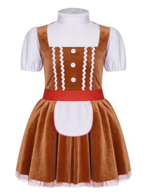 Kids Girls Christmas Gingerbread Man Costume Short Sleeve Velvet Tutu Dress front image